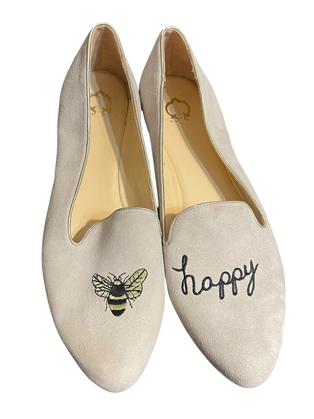 C. Wonder Celeste suede flats embroidered "Bee Happy" novelty slip on shoes 11